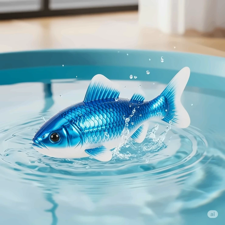 Close-up of a realistic floating fish water toy, designed to entice cats to play in water.