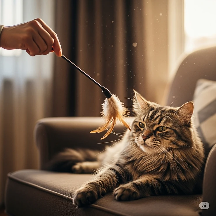 A pet owner gently dangling a feather wand toy for their elderly cat, illustrating gentle play.