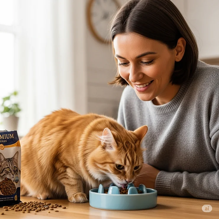 A smiling cat owner watching their pet eat more slowly and healthily from a new bowl.