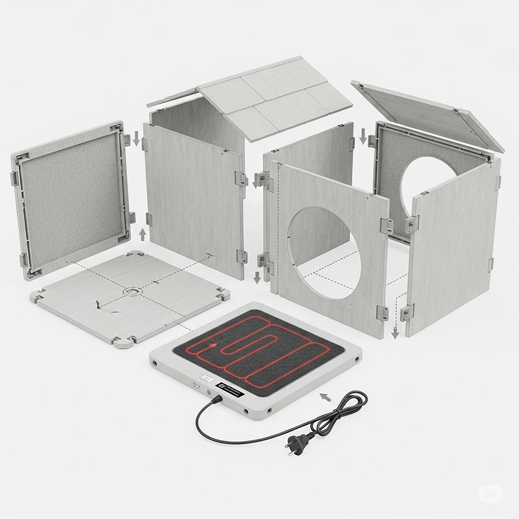 A product illustration showing the disassembled parts of an outdoor heated cat house, including the main structure, heating pad, and power cord, emphasizing its easy assembly.