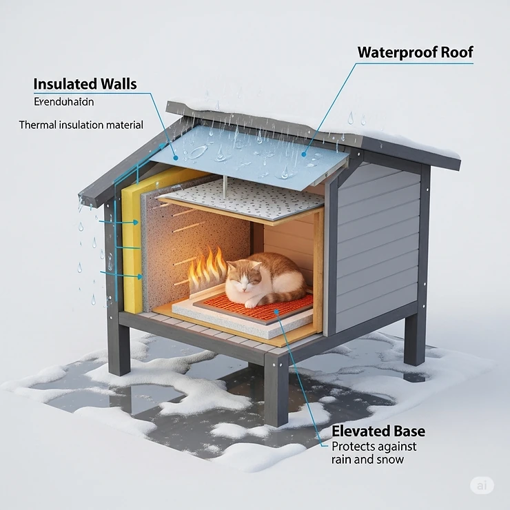 A diagram illustrating the weatherproof features of a heated outdoor cat house, including insulated walls, a waterproof roof, and an elevated base to protect against rain and snow.