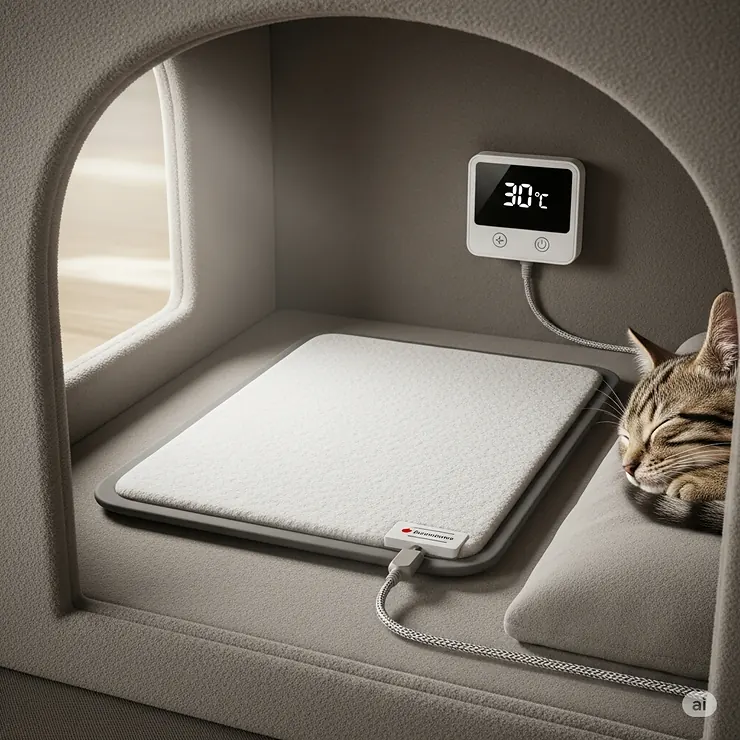 A close-up illustration of the interior of a heated cat house, highlighting the low-voltage heating pad and its temperature-controlled thermostat.