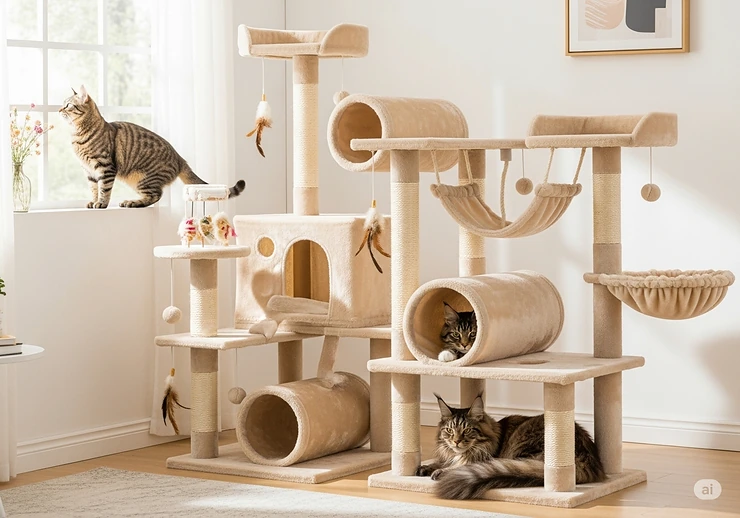 A product image of a high-quality, beige-colored cat tree for big cats, with multiple levels, tunnels, and toys, illustrating the variety of enrichment options available for large breeds.