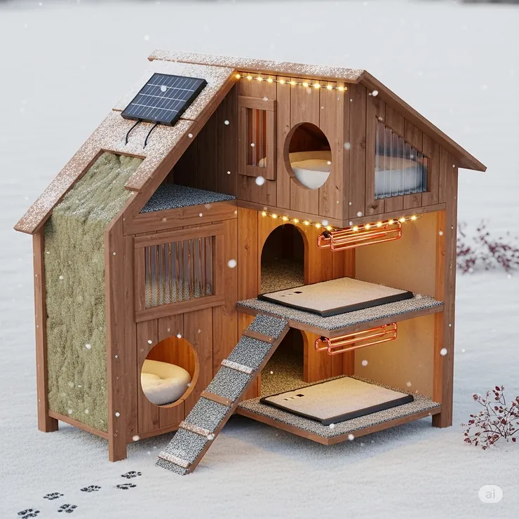 An insulated, multi-level wooden cat shelter, showcasing a warm and comfortable interior perfect for keeping felines protected during cold winter months.
