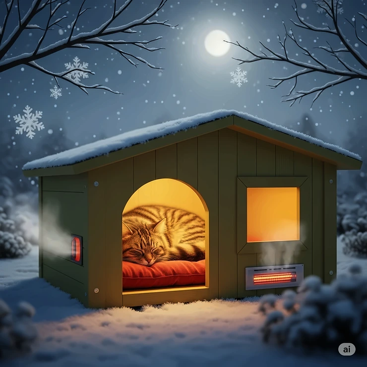 A heartwarming illustration of a heated outdoor cat house with a cat sleeping soundly inside while snow falls gently outside, emphasizing the comfort and security it provides during winter.