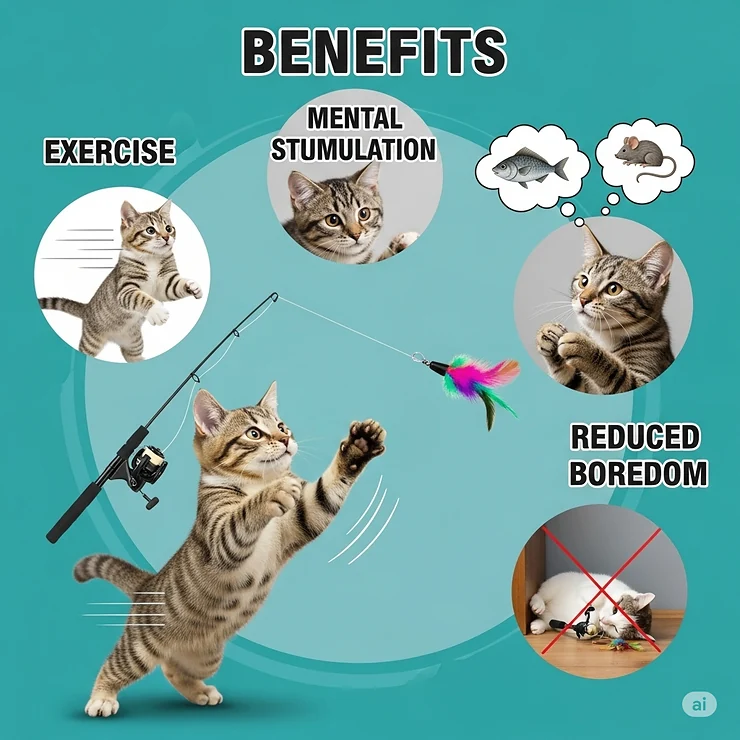 A graphic illustrating the benefits of fishing toys for cats, such as exercise, mental stimulation, and reduced boredom.