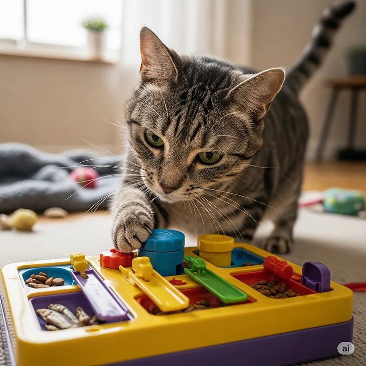 An interactive puzzle toy filled with treats, engaging a curious senior cat.