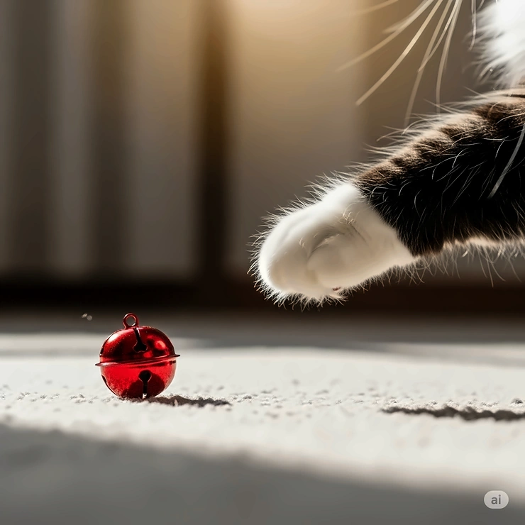 A cat's paw is seen reaching for a jingle bell ball, a popular cat toy.