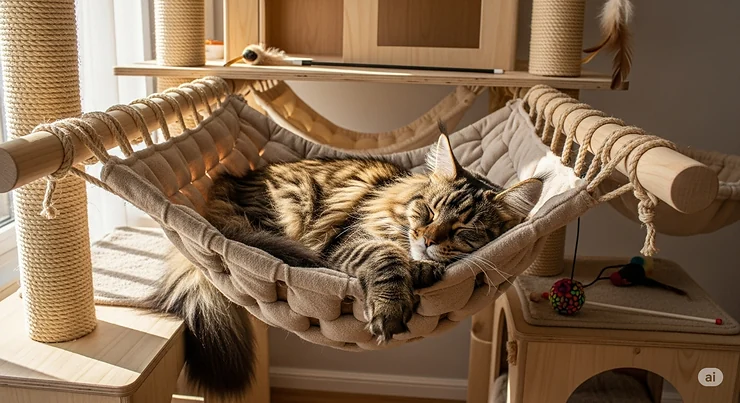 A jumbo-sized cat condo featuring a large, soft hammock where a big cat is comfortably napping. The hammock's reinforced design supports the cat's weight without sagging.