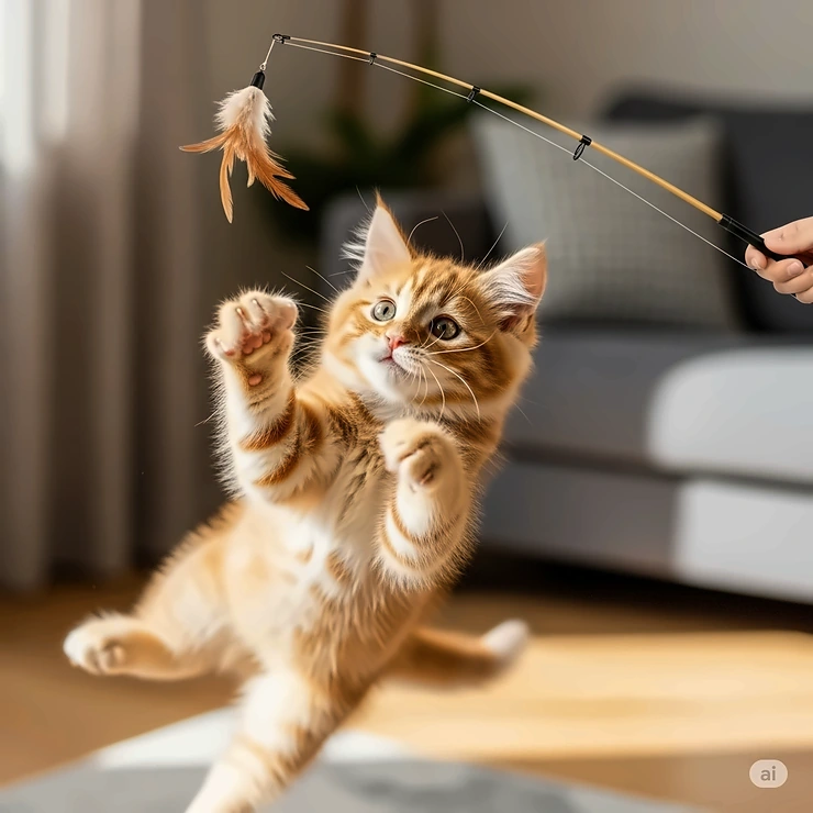 An adorable kitten playfully chasing the lure of a fishing toy for cats, showing agility and curiosity.