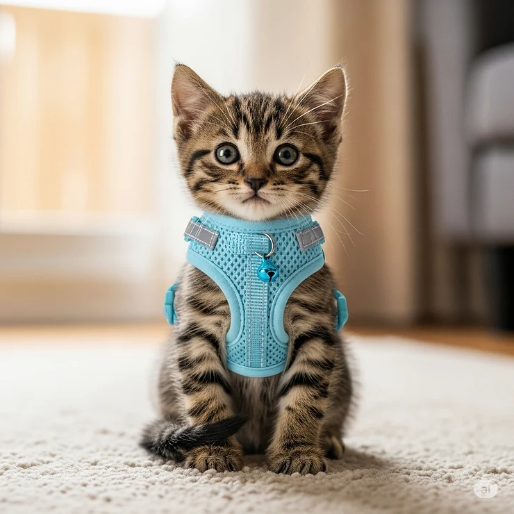 A tiny kitten wearing a specially designed, extra-small harness for kittens.
