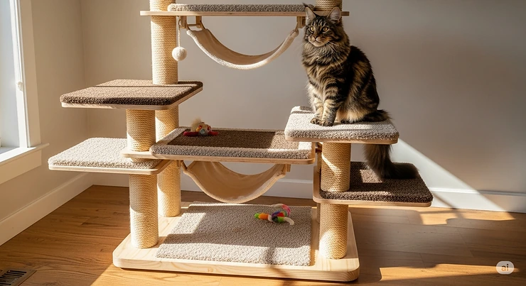 A large, fluffy cat comfortably perched on the top platform of a tall cat condo, surveying its surroundings. The cat tree's wide base and thick posts demonstrate its stability for heavier felines.