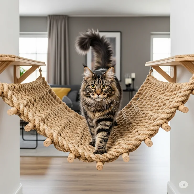 A large Maine Coon cat traversing a durable rope cat bridge, assuring potential buyers of its strength and weight capacity.