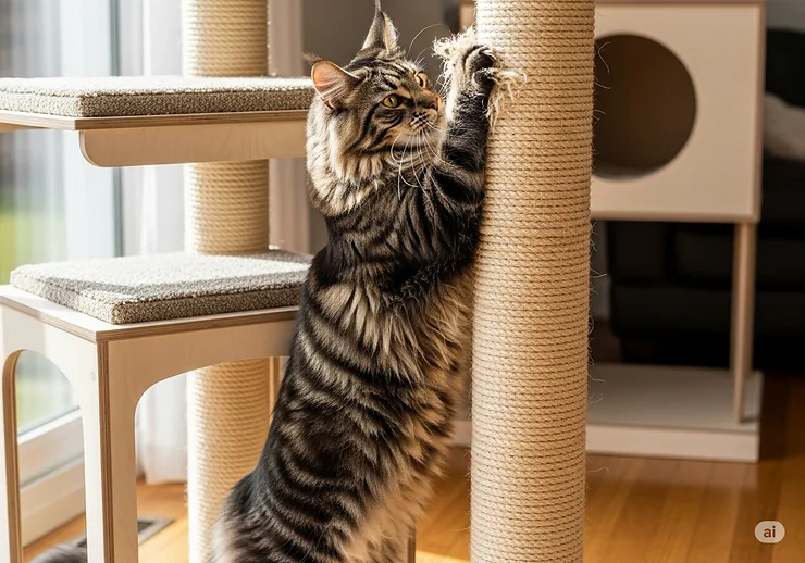 A detailed image of a thick, sisal-wrapped scratching post on a cat condo, being used by a large cat to sharpen its claws. The post's height allows for a full body stretch.