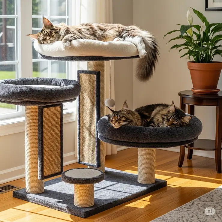 A heavy-duty cat tower featuring multiple spacious perches, providing ample lounging spots for large cats.