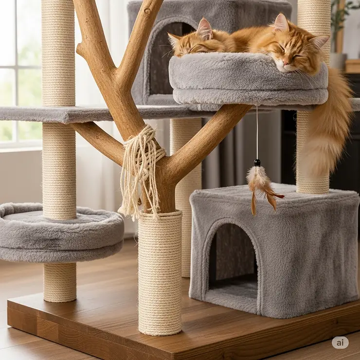 A close-up of a large cat tree with a heavy, wide base to prevent wobbling and tipping.