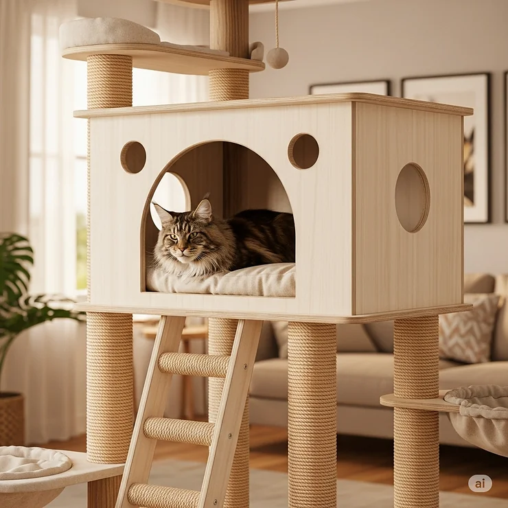 An image of a cozy, enclosed condo on a heavy-duty cat tree, providing a secure and private retreat for a large cat.