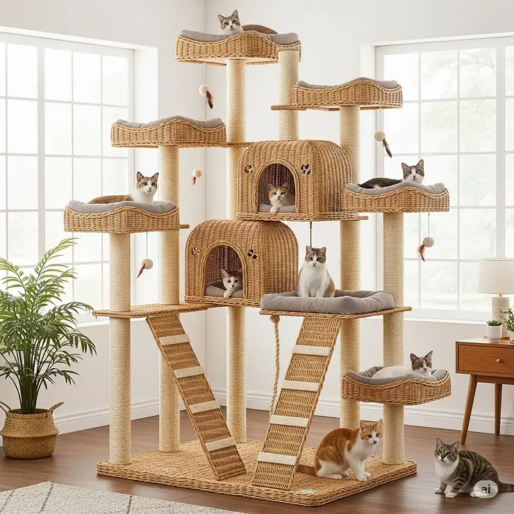 A tall and large wicker cat tree with several platforms, ideal for multi-cat households and cats who love to climb and observe their surroundings from a high vantage point.