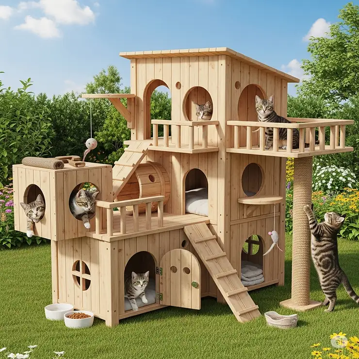 A large, multi-room wooden cat house with multiple entry points, suitable for housing several cats and providing ample space for them to rest and play.