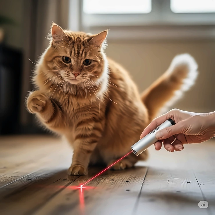 A low-impact laser pointer creating a gentle red dot for a senior cat to follow, promoting light exercise.