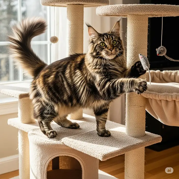 A majestic Maine Coon, a type of big cat, happily playing on a durable cat tree.