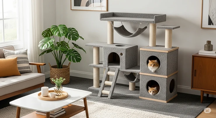 A stylish, modern carpeted cat condo that blends seamlessly with home decor, proving that pet furniture can be both functional and aesthetically pleasing.