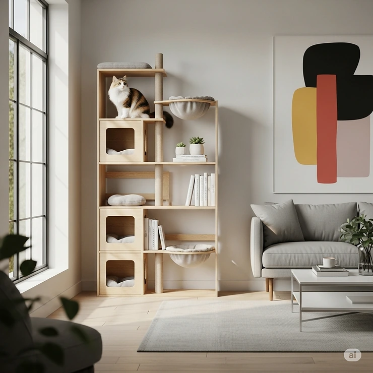 A sleek, minimalist bookshelf cat tree in a contemporary living room, blending seamlessly with the home decor.