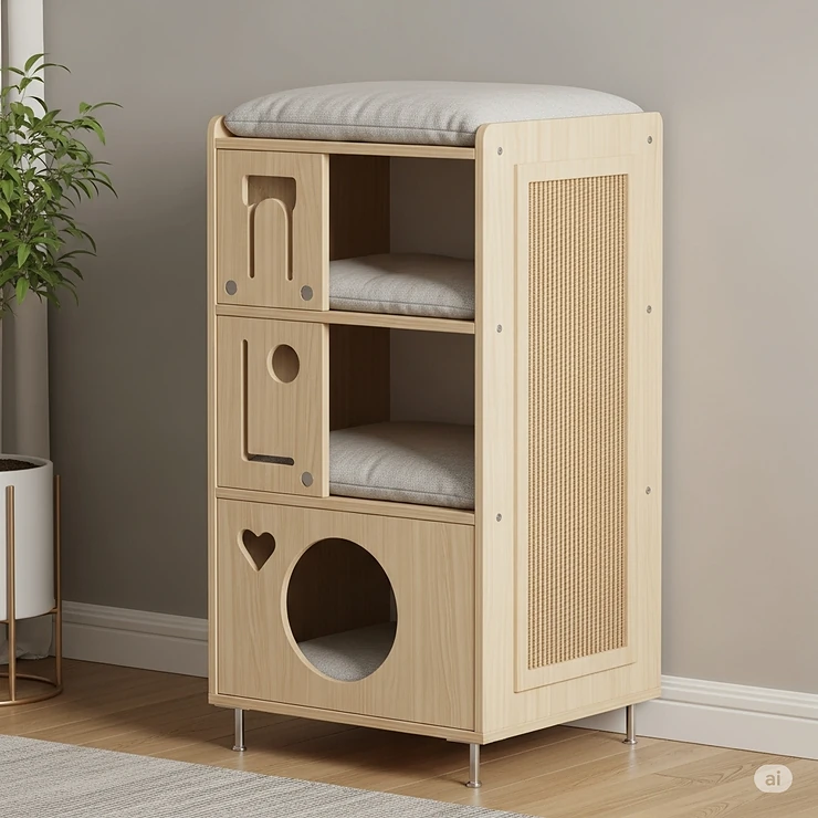 A sleek, modern small cat condo with a minimalist design, blending seamlessly into contemporary home decor.