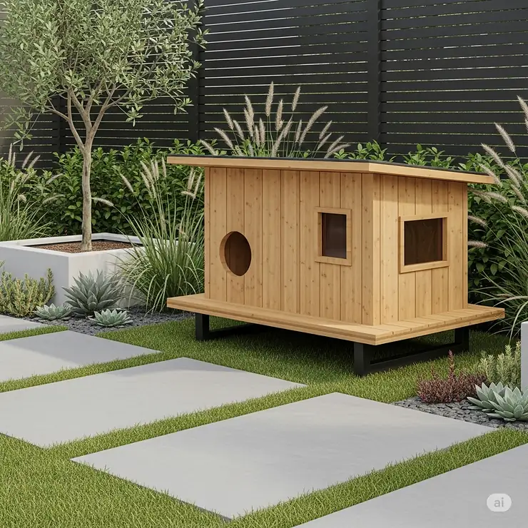 A contemporary and sleek wooden outdoor cat house with a slanted roof and minimalist design, blending seamlessly into a modern backyard landscape.