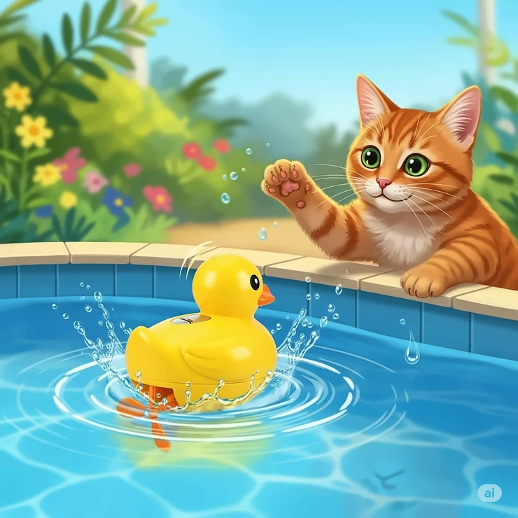 An illustration of a battery-operated, motorized cat toy specifically designed for water play, encouraging active interaction.