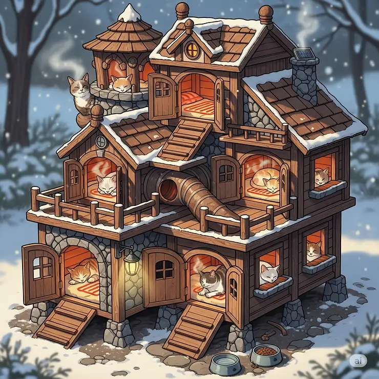An illustration of a large, multi-level or multi-room heated outdoor cat house, designed to provide a warm and safe space for several cats at once.