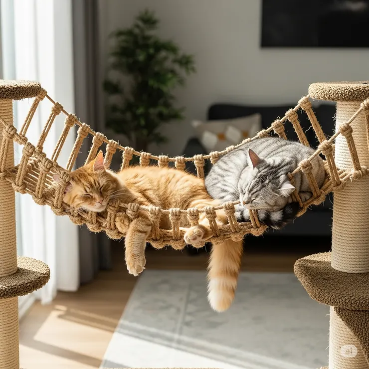 Two cats resting comfortably on a wide rope cat bridge, demonstrating its spaciousness and multi-cat functionality.