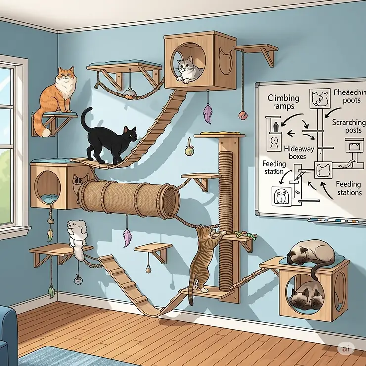 An illustration of a multi-cat wall setup, demonstrating how to create a comprehensive and stimulating environment for multiple cats to share.
