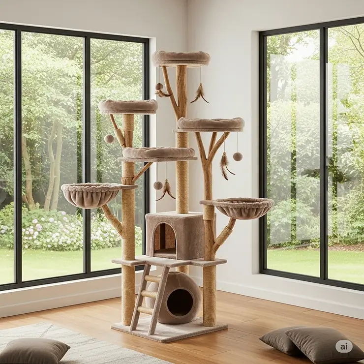 A tall, multi-level cat tree with staggered platforms, offering plenty of space and exercise opportunities for big cats.