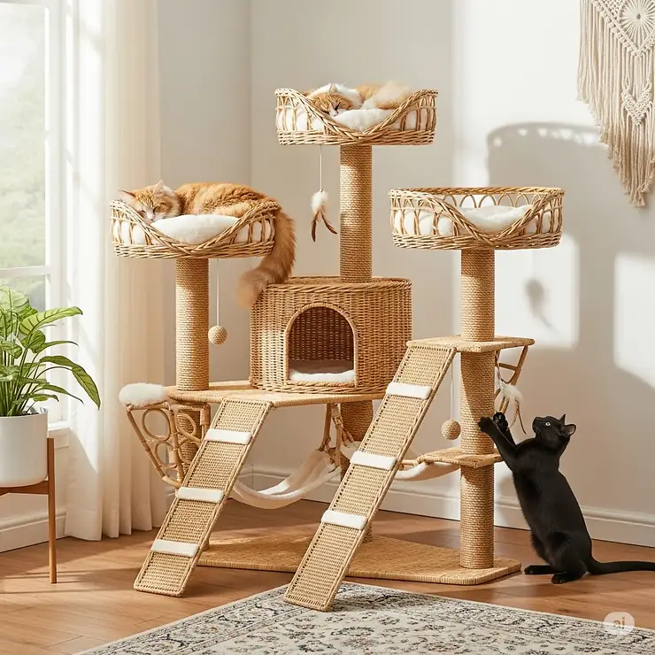 A multi-level wicker cat tree with multiple scratching posts and perches, providing a perfect play and rest area for cats.