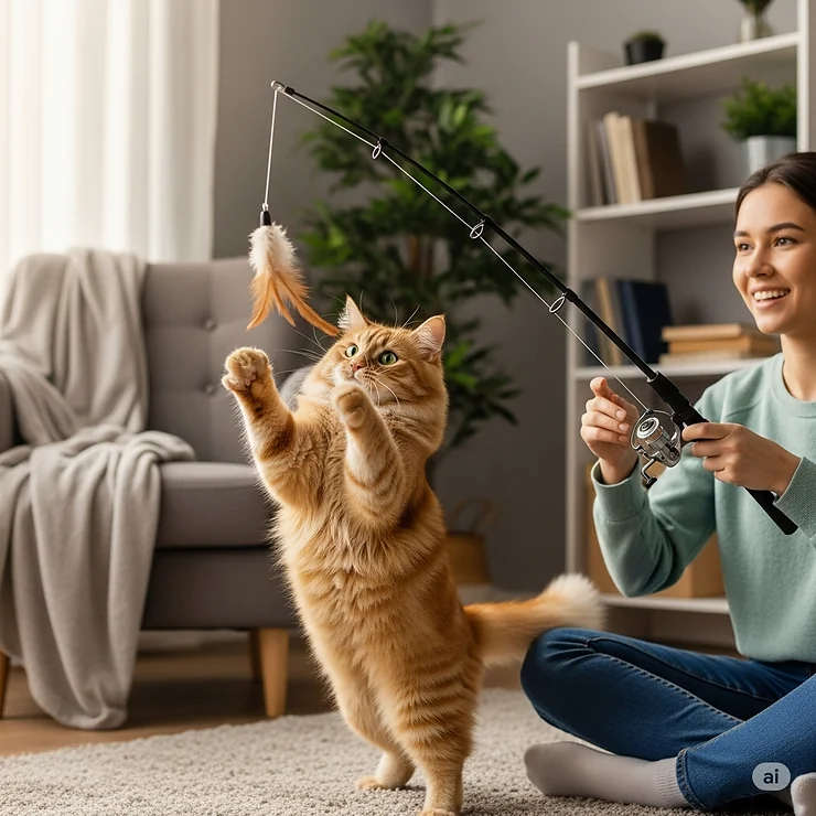 An owner engaging with their cat using a fishing pole toy, highlighting the bonding aspect of interactive play.