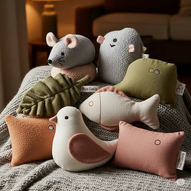 A collection of soft, plush catnip-filled toys, ideal for an older cat to cuddle or carry.