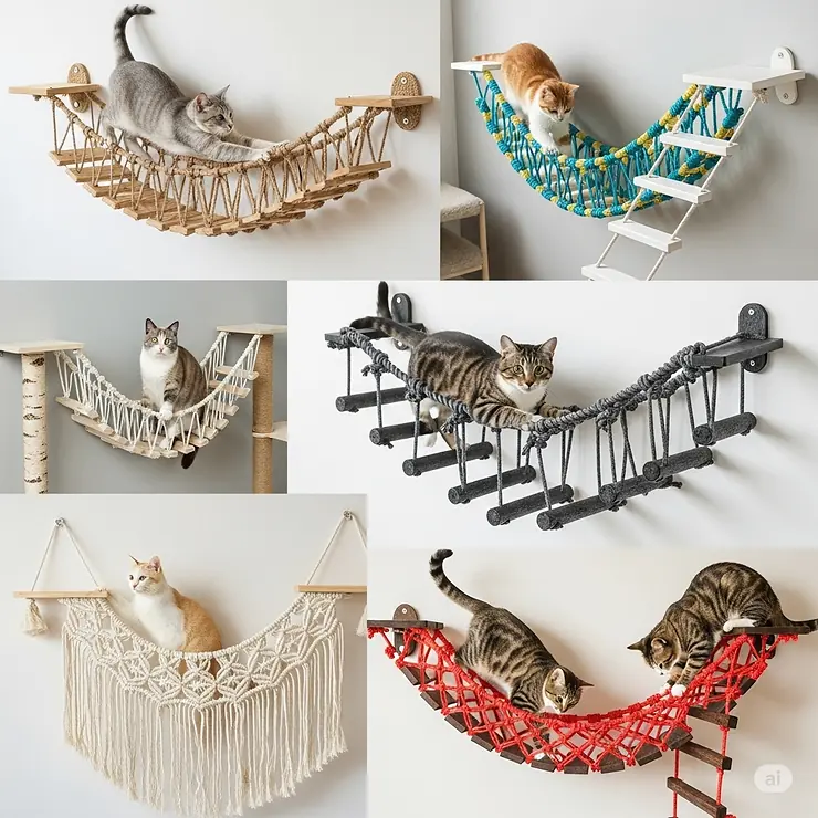 A variety of rope cat bridges in different colors and materials, illustrating the available design options to match home decor.