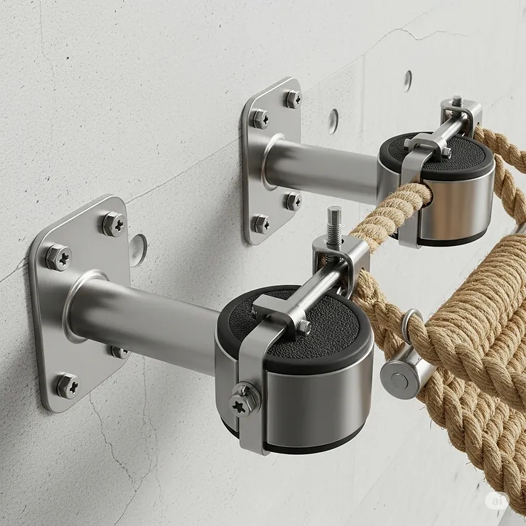 Detailed image of the secure wall-mounting brackets for the rope cat bridge, emphasizing safety and stability.