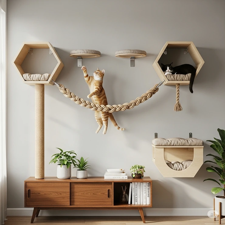 A modular cat wall system featuring a rope cat bridge connecting two shelves, highlighting its versatility and integration with other furniture.