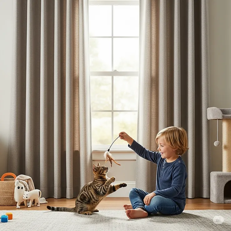 A child and a cat safely playing near durable cat-proof curtains, emphasizing a secure and pet-friendly home environment.