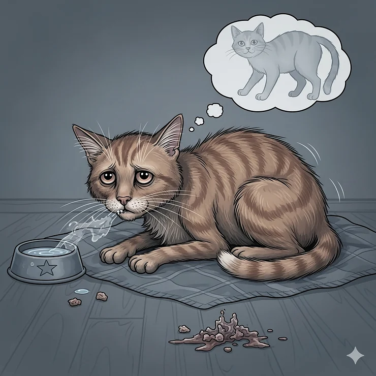 An illustration depicting multiple symptoms of a sick cat, such as lethargy, loss of appetite, and vomiting, indicating a chronic condition.