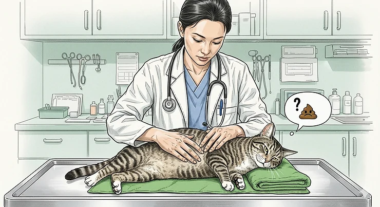 A drawing of a veterinarian examining a cat, representing the need to seek professional help for severe constipation or a lack of pooping.