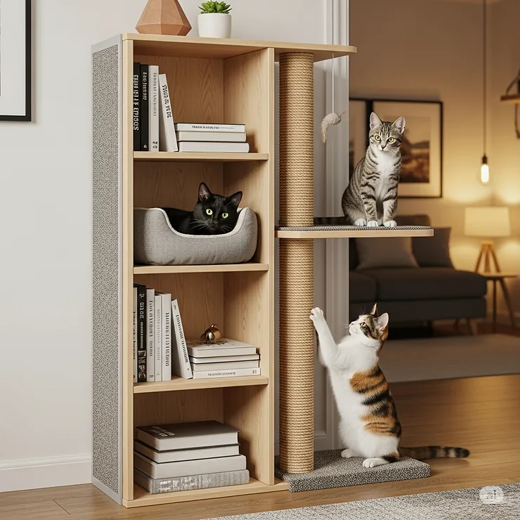 A compact bookshelf cat tree designed for small apartments, demonstrating its space-saving benefits.