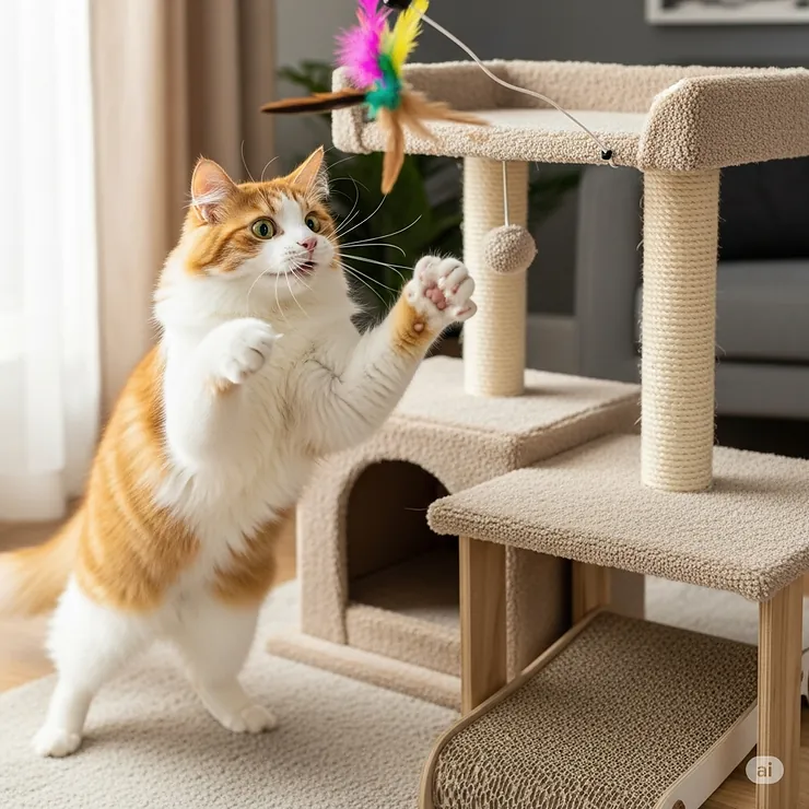 A playful cat swatting at a dangling toy attached to a sturdy small cat condo, highlighting its entertainment features.