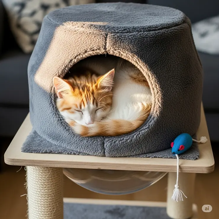 A small, fluffy cat comfortably sleeping inside a plush, enclosed hideaway on a compact cat condo, demonstrating its comfort.