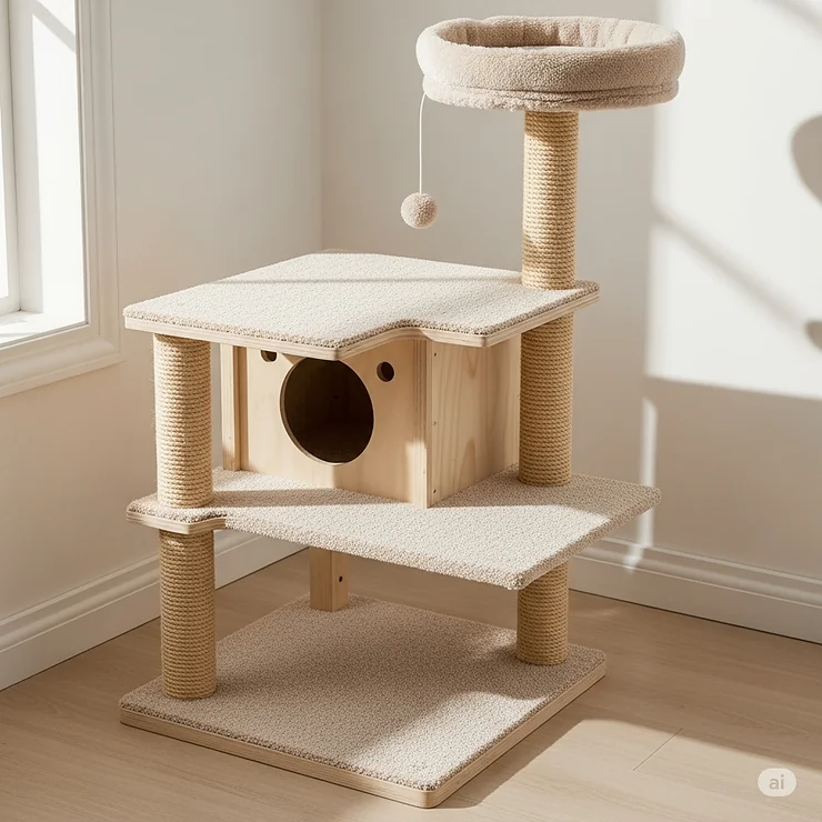 A multi-level small cat condo featuring sisal scratching posts, a cozy hideaway, and an elevated perch for napping.