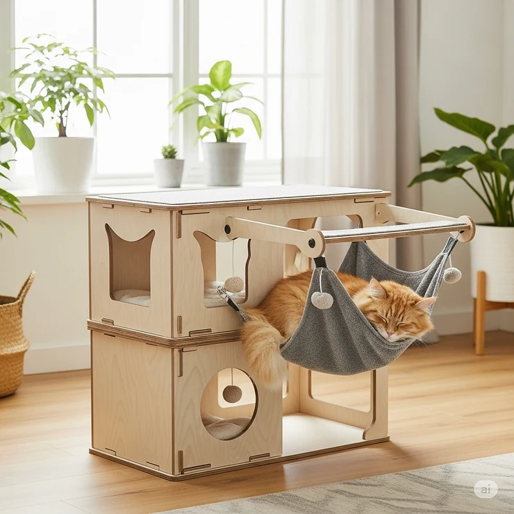 A unique small cat condo featuring a comfortable hammock attachment, offering an extra spot for your cat to relax and lounge.