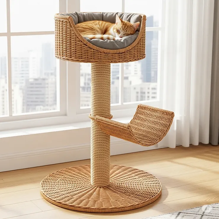A compact and small wicker cat tree, perfect for apartments or homes with limited space, still providing a comfortable retreat for a cat.
