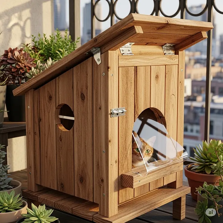 A compact wooden outdoor cat house, ideal for a small balcony or patio, with a hinged roof for easy cleaning and maintenance.